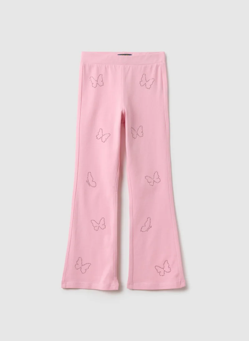 او في اس بنطلون ضيق قطني وردي مطاطي بقصة ضيقة للبنات مزين بزخارف